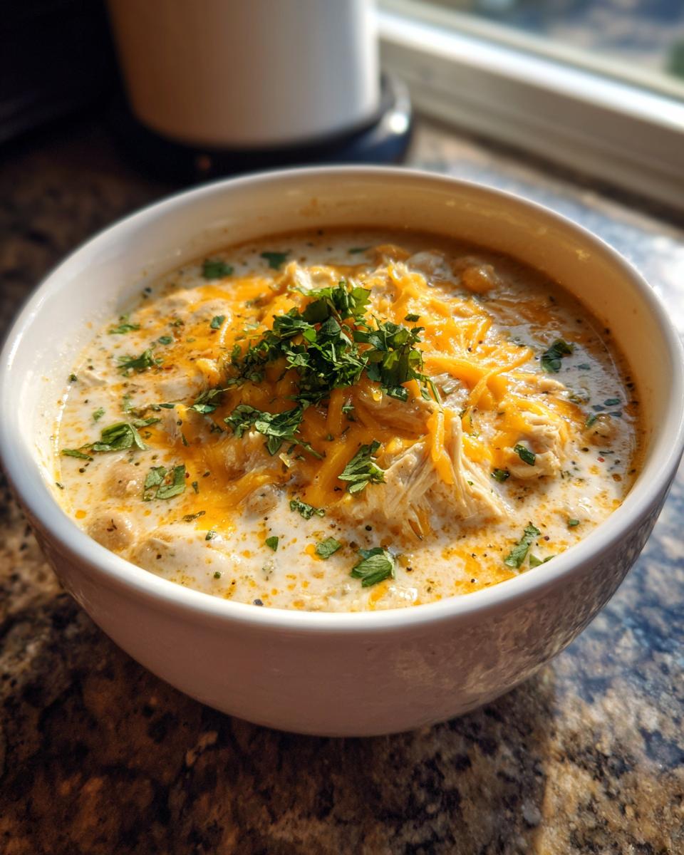 A comforting bowl of creamy white chicken chili topped with shredded cheddar cheese and fresh parsley.