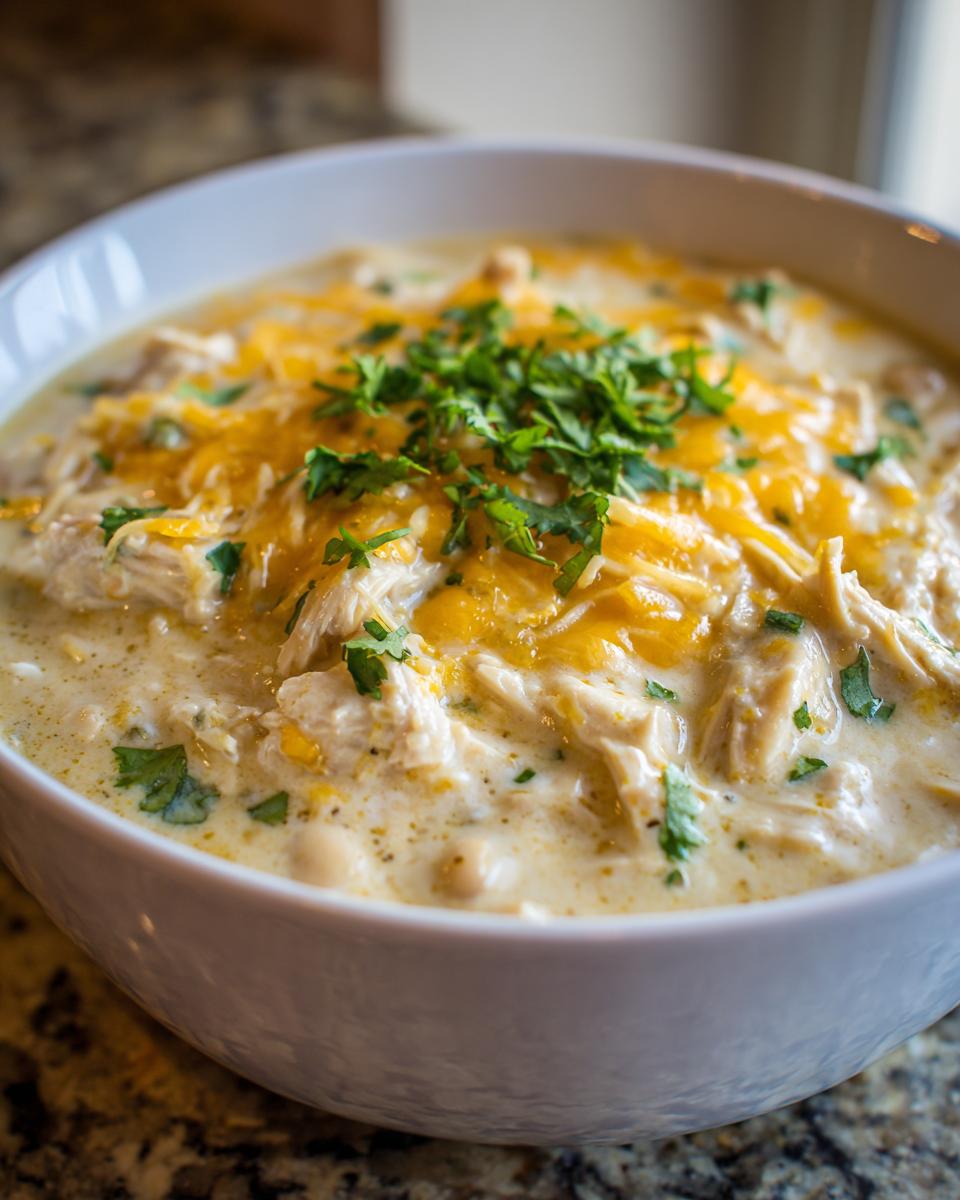 A close-up of creamy white chicken chili topped with melted cheddar cheese and fresh cilantro.