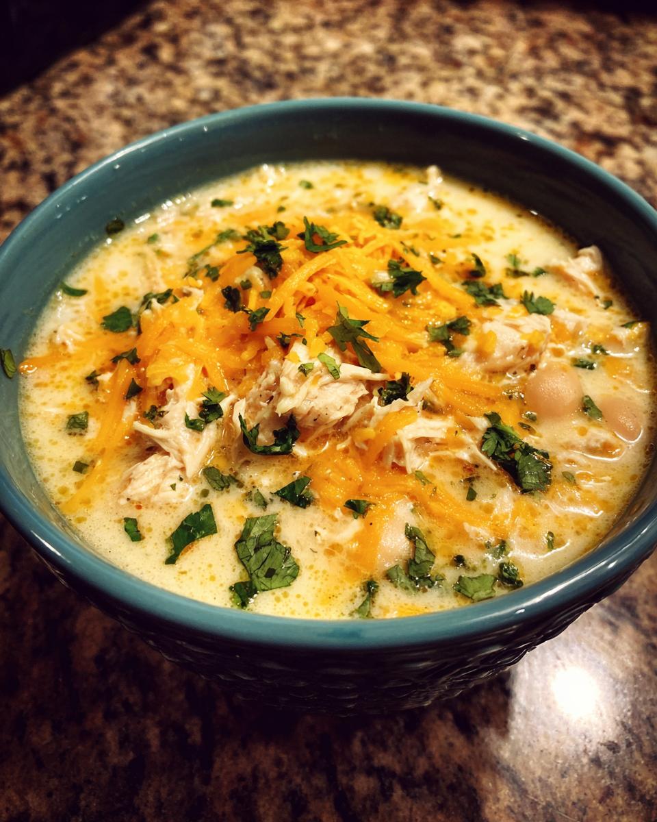 Close-up of a bowl of creamy white chicken chili topped with shredded cheddar cheese and cilantro.