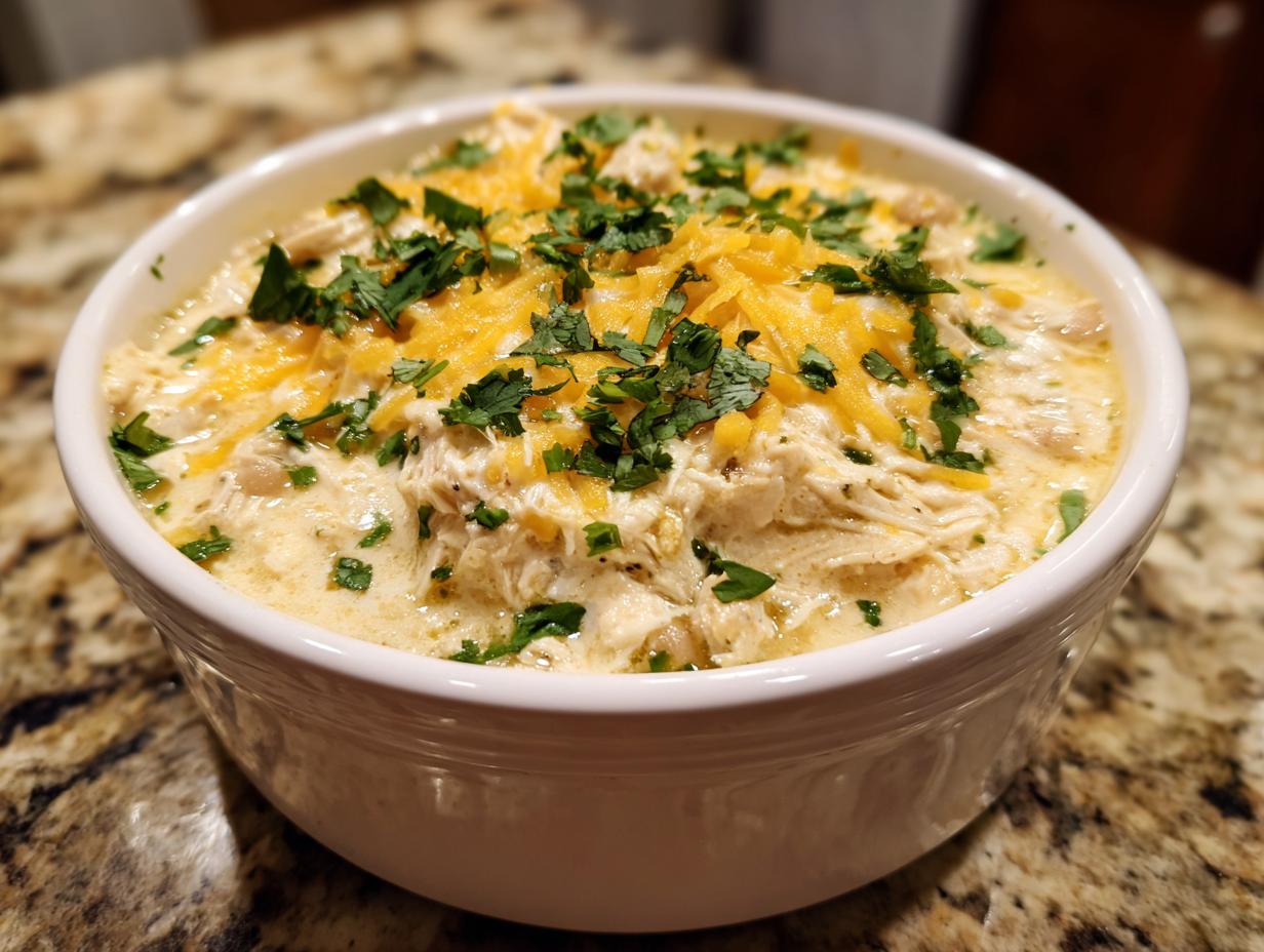 A close-up of creamy white chicken chili topped with shredded cheddar cheese and fresh cilantro.