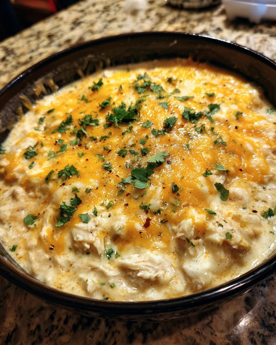 Close-up of creamy white chicken chili topped with melted cheddar cheese and fresh cilantro.
