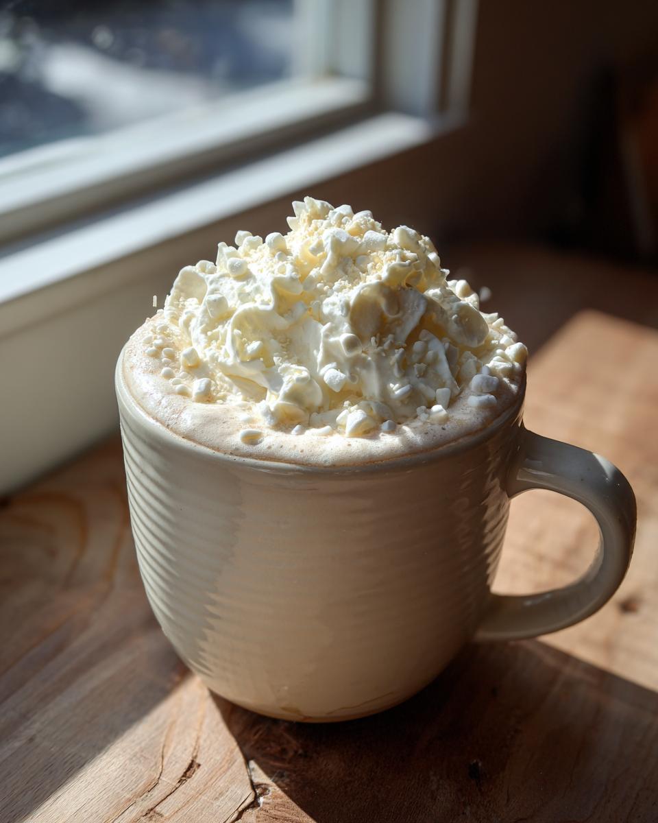 A creamy mug of white hot chocolate topped high with whipped cream and white chocolate shavings.