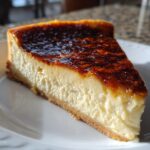 A close-up of a rich slice of creme brulee cheesecake with a caramelized sugar top.