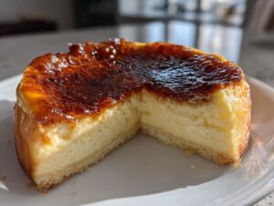A cross-section of a creme brulee cheesecake showing the creamy filling and a dark, caramelized, torched sugar topping.