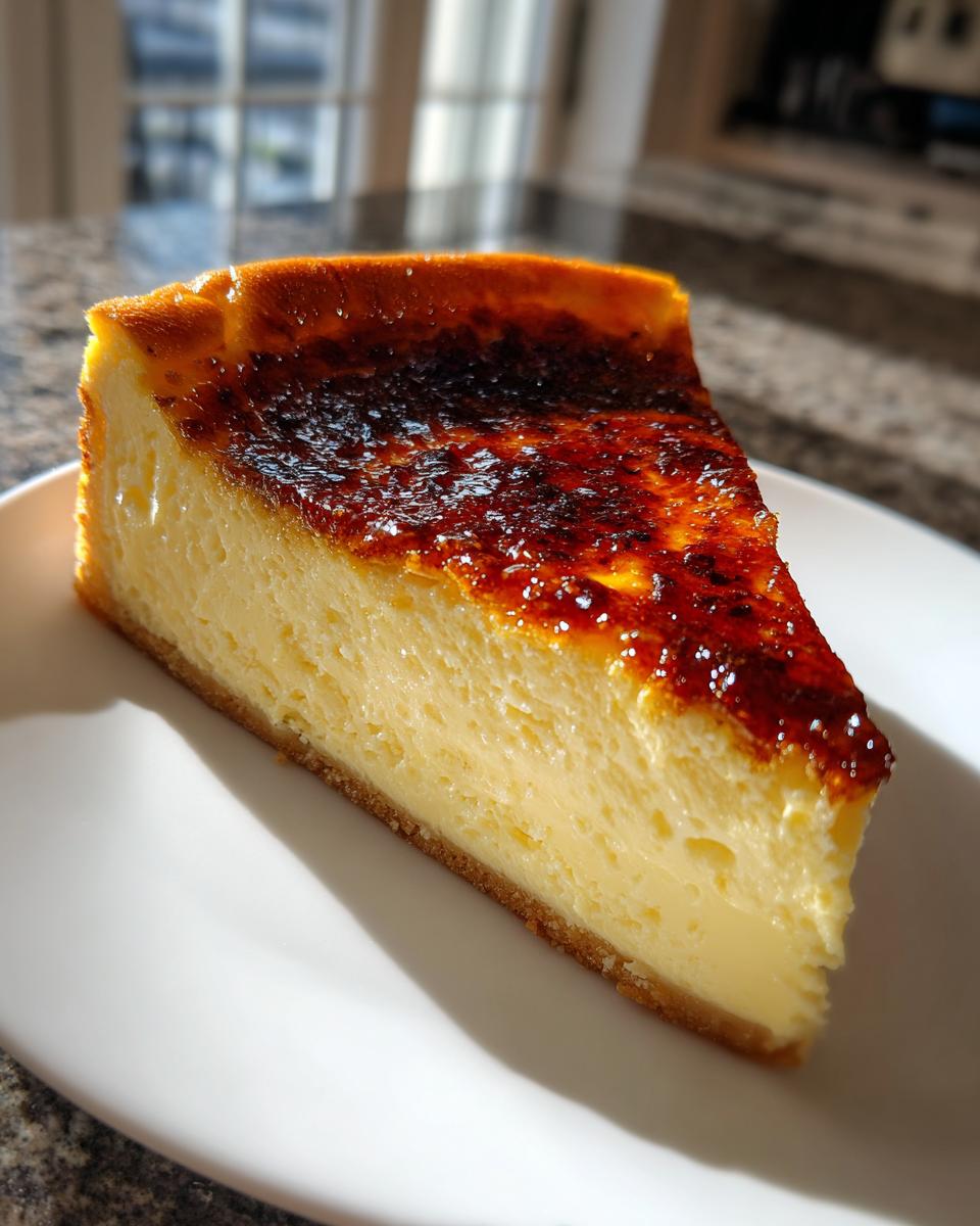 A close-up slice of rich creme brulee cheesecake featuring a creamy interior and a dark, caramelized, torched sugar top.