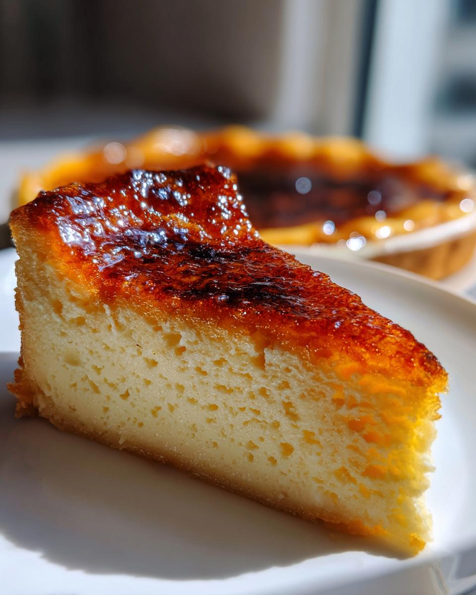 Close-up of a slice of creamy creme brulee cheesecake featuring a dark, glossy, torched sugar crust.