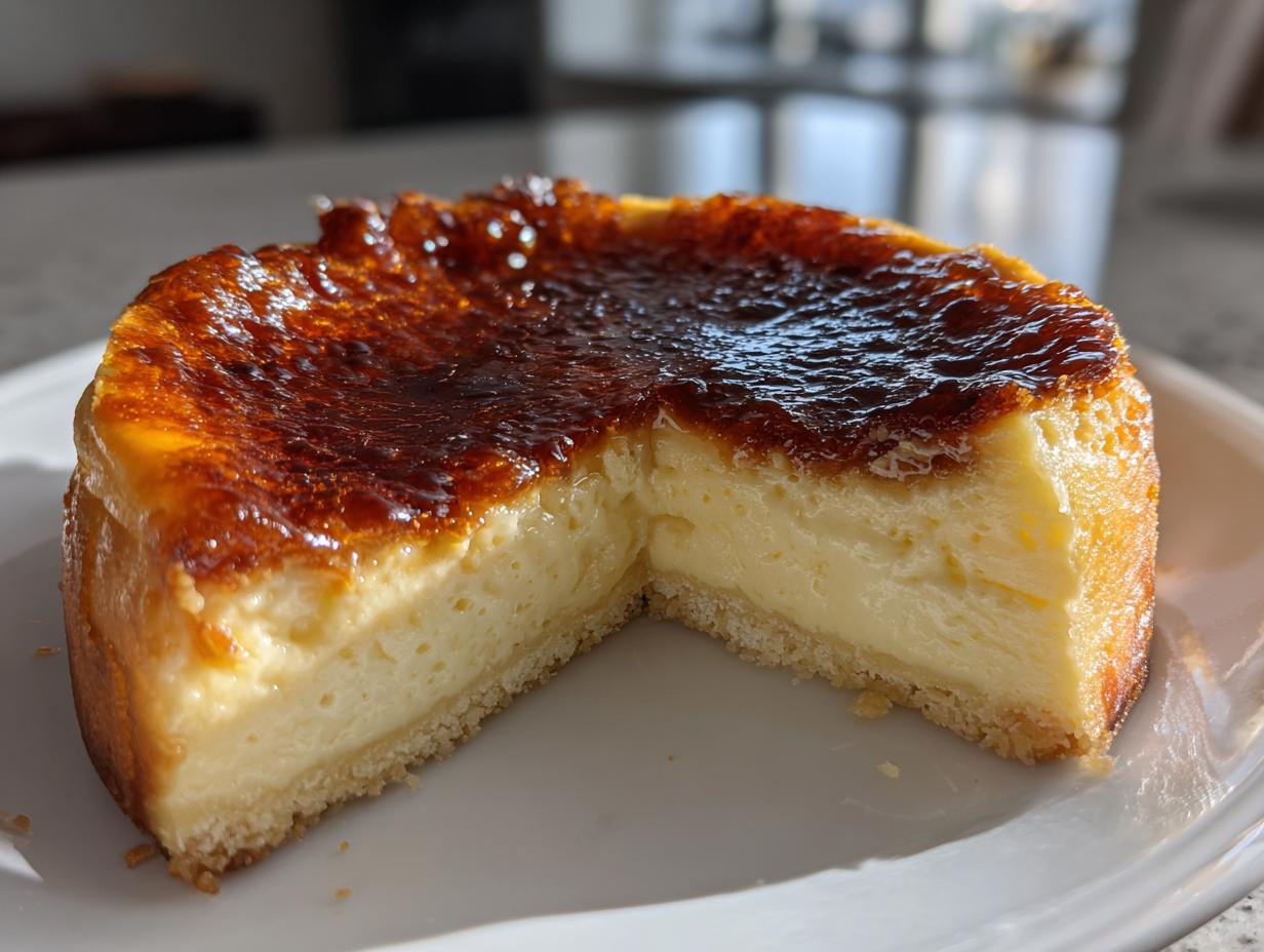 A cross-section of a creme brulee cheesecake showing the creamy filling and a dark, caramelized, torched sugar topping.