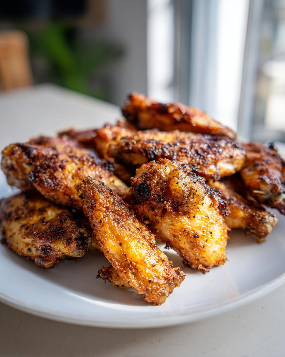 A close-up of a pile of golden brown, perfectly seasoned crispy air fryer chicken wings on a white plate.