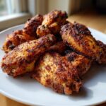 A close-up of several seasoned and perfectly crispy air fryer chicken wings piled on a white plate.