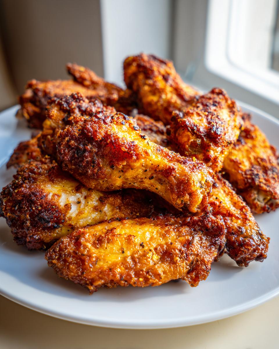 A close-up of a pile of golden brown, crispy air fryer chicken wings seasoned with spices.