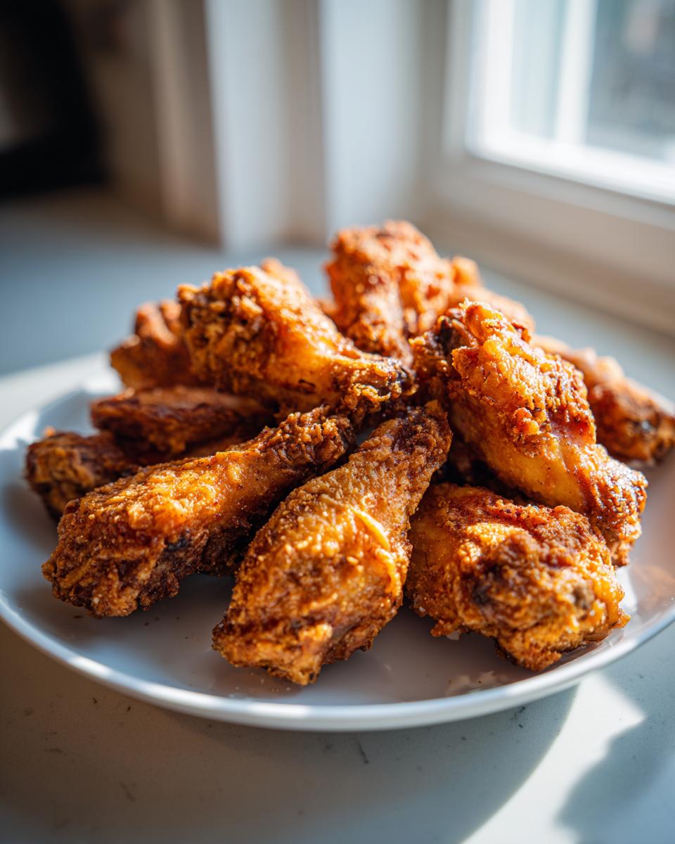 A mound of golden brown, crispy air fryer chicken wings piled high on a white plate, backlit by a window.