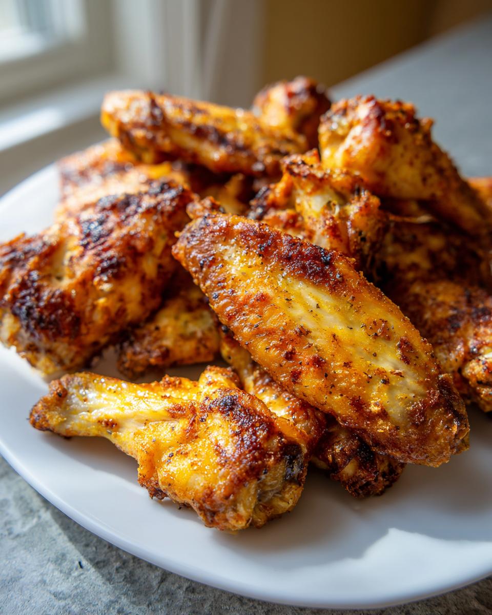 A close-up of golden brown, seasoned, crispy air fryer chicken wings piled high on a white plate.