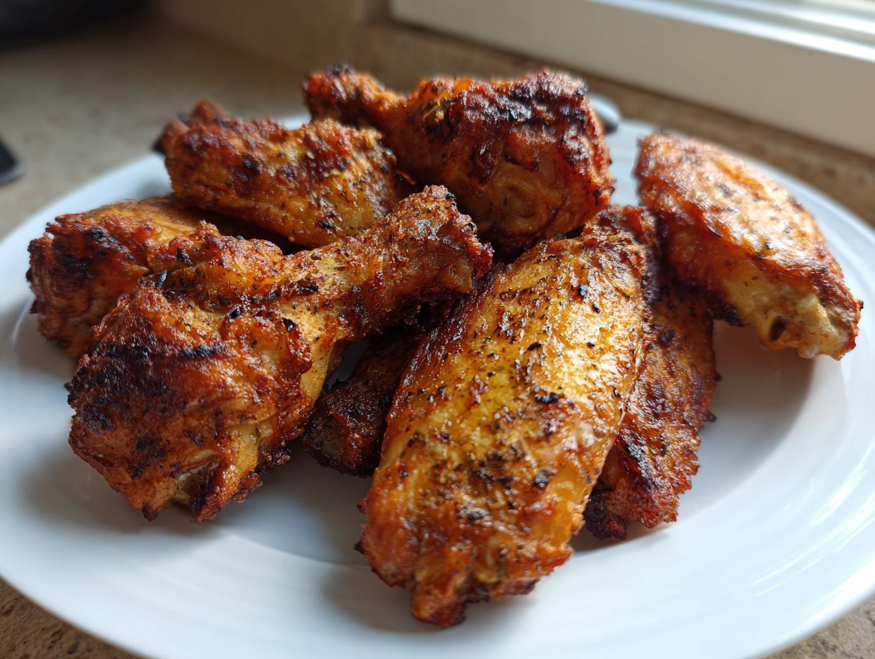 A close-up of several golden brown, crispy air fryer chicken wings piled on a white plate.