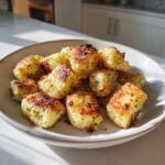 A bowl filled with golden brown, crispy air fryer gnocchi seasoned with herbs and spices.