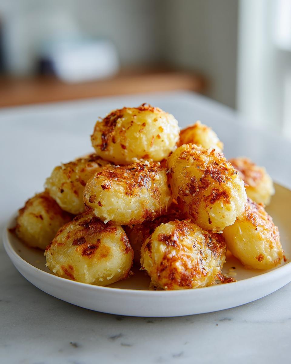 A pile of golden, crispy air fryer gnocchi topped with browned cheese served on a small white plate.