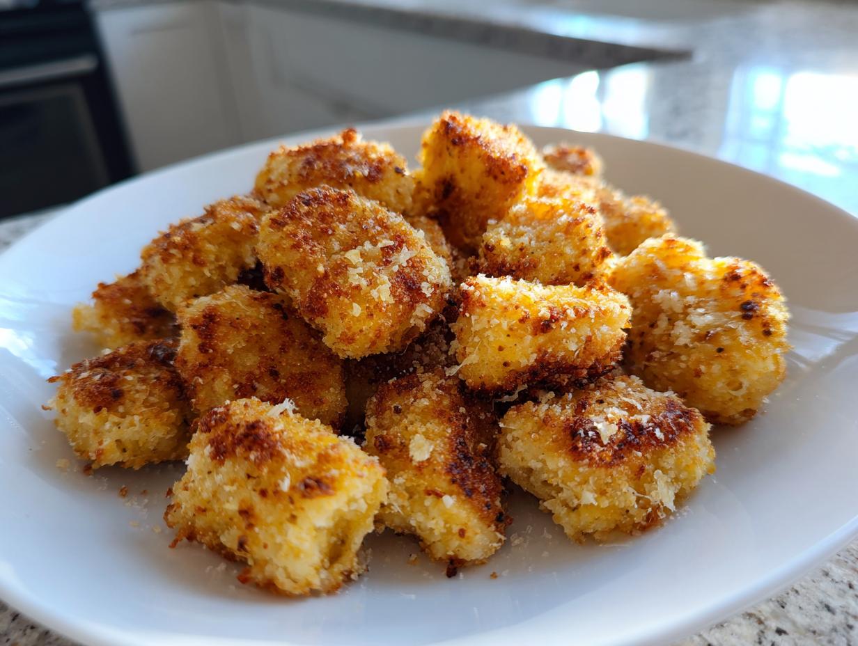 A pile of golden brown, crispy air fryer gnocchi dusted with Parmesan cheese served on a white plate.