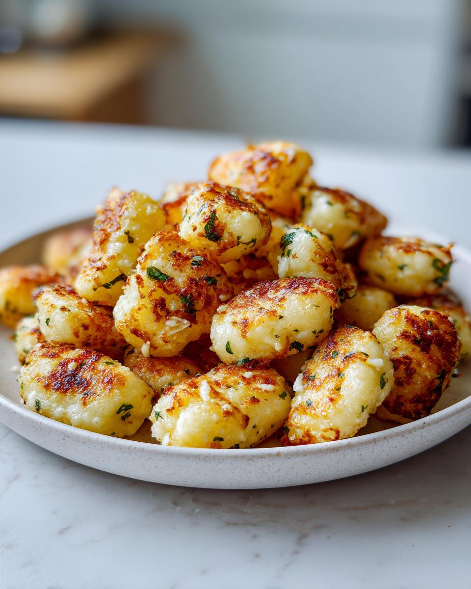 A close-up of a generous serving of crispy, golden brown air fryer gnocchi seasoned with herbs.