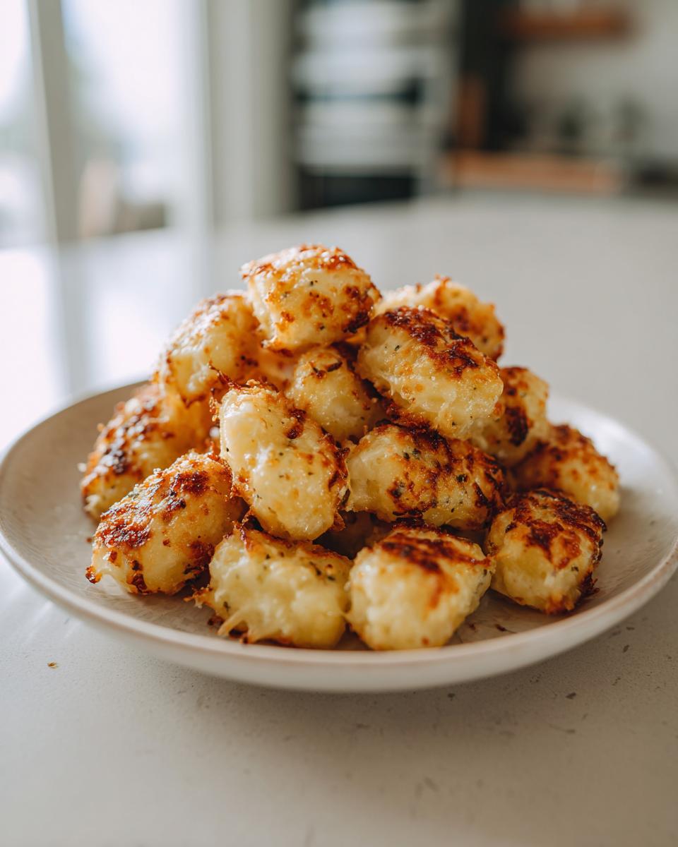 A mound of golden brown, crispy air fryer gnocchi seasoned with herbs and cheese on a light-colored plate.