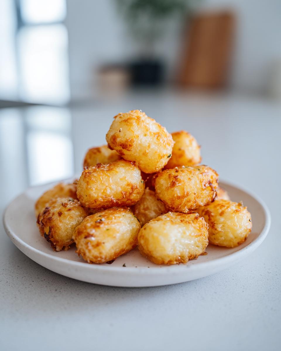 A pile of golden, crispy air fryer gnocchi seasoned with herbs and cheese, served on a small white plate.