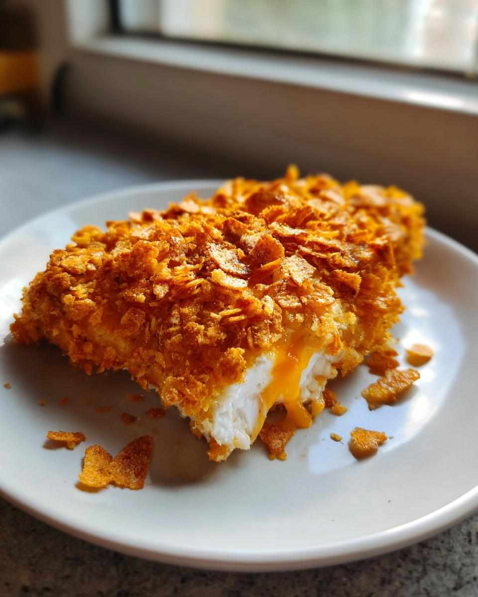 A piece of crispy cheddar chicken, showing a crunchy cornflake crust and melted cheddar cheese oozing out.