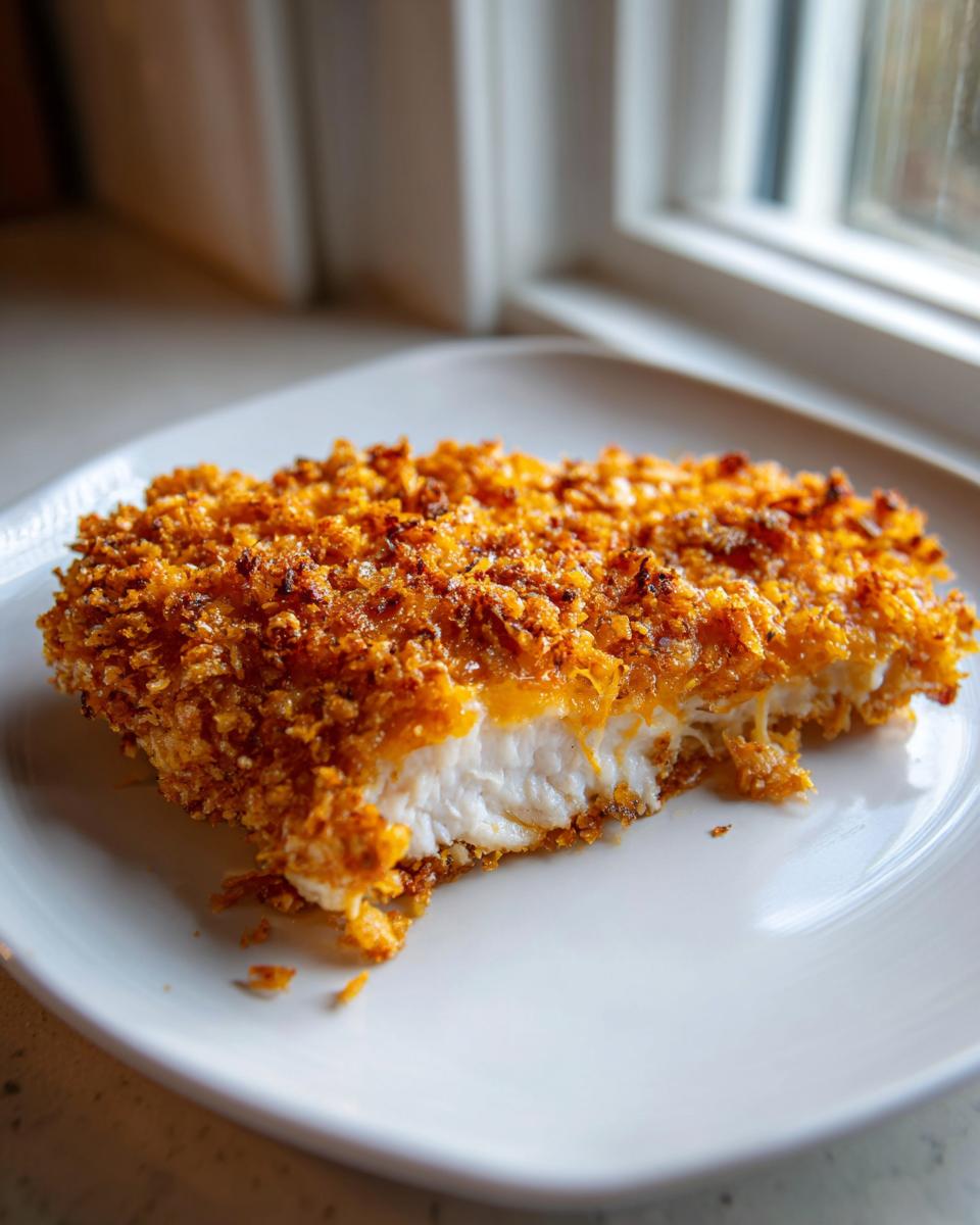 A piece of crispy cheddar chicken with a thick, golden-brown, crunchy coating, showing the white meat inside.