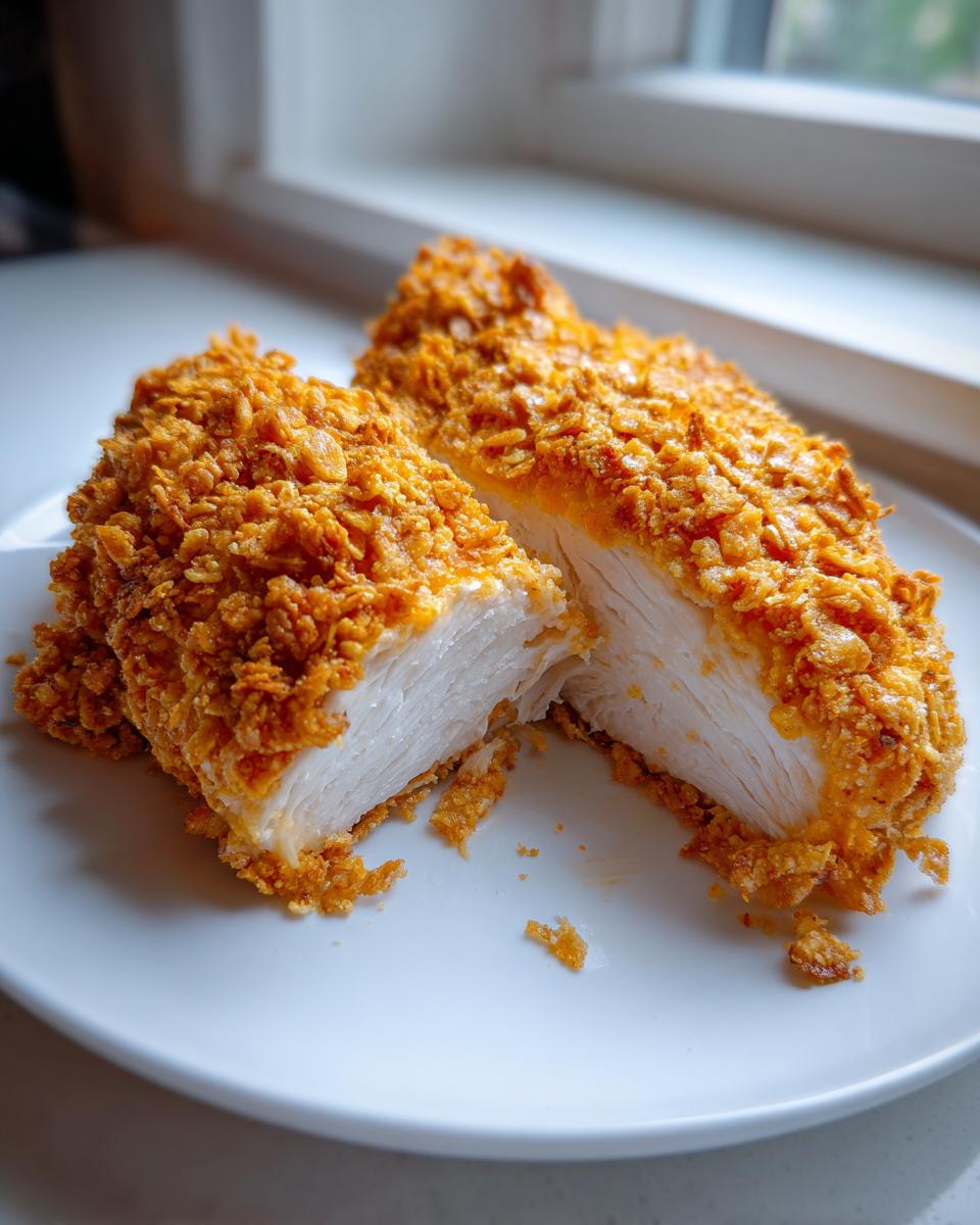 Two halves of a perfectly cooked crispy cheddar chicken breast showing juicy white meat inside.
