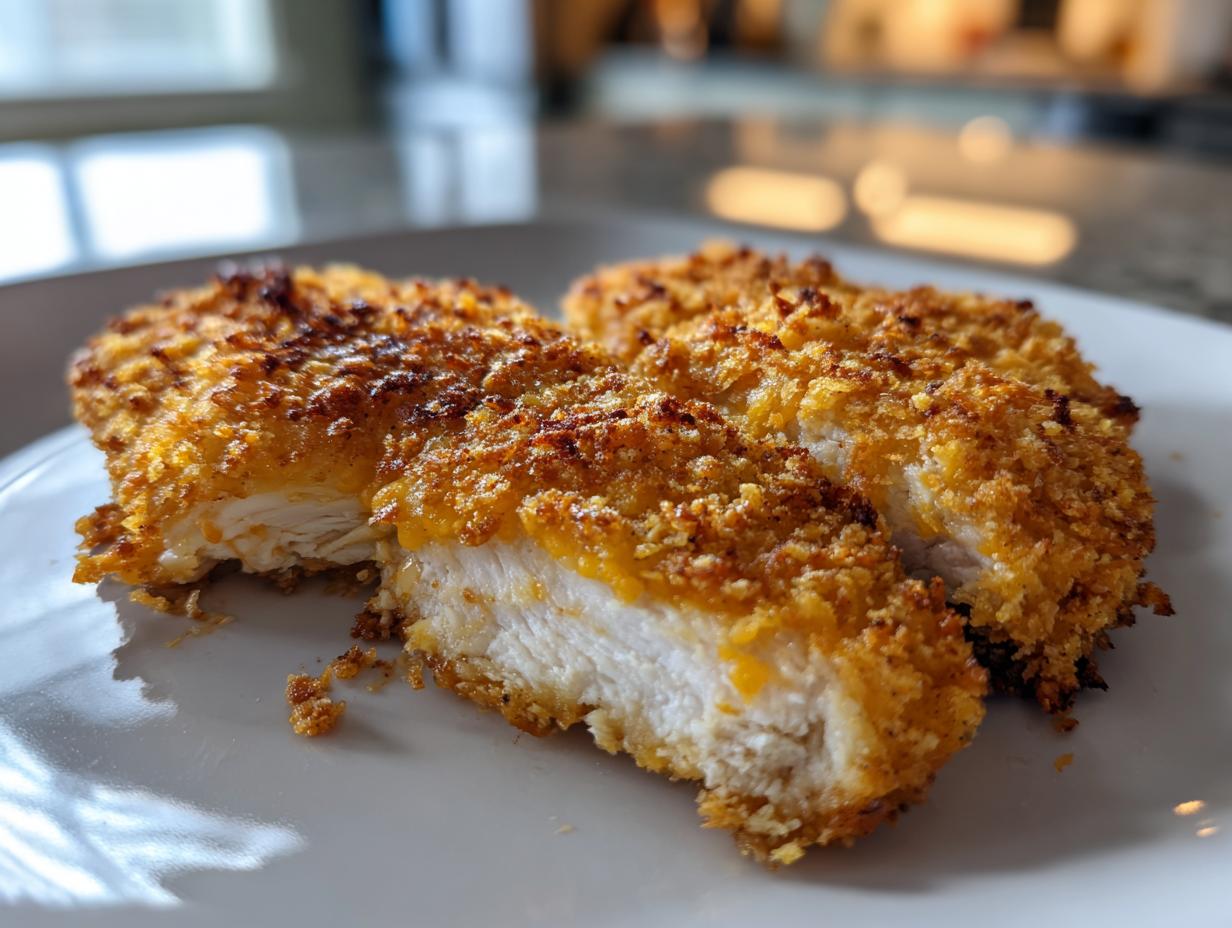 Two pieces of juicy, white meat crispy cheddar chicken showing off the golden, crunchy cheddar crust.