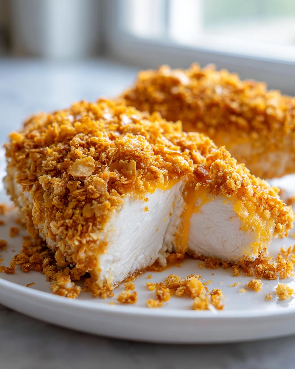 Cross-section of crispy cheddar chicken showing moist white meat and melted cheese oozing out.