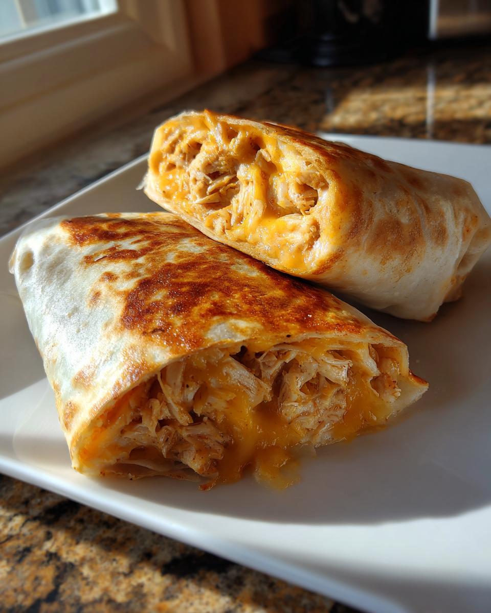 Two halves of a crispy chicken chimichangas, showing shredded chicken and melted orange cheese filling.