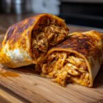 Close-up of crispy chicken chimichangas cut in half, revealing shredded, saucy chicken filling.