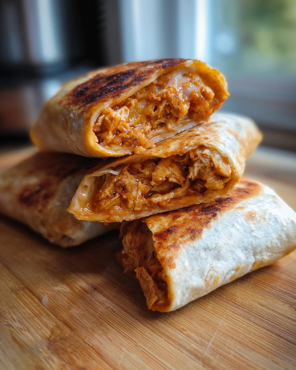 Close-up of crispy chicken Chimichangas stacked on a wooden board, one cut open showing shredded chicken filling.