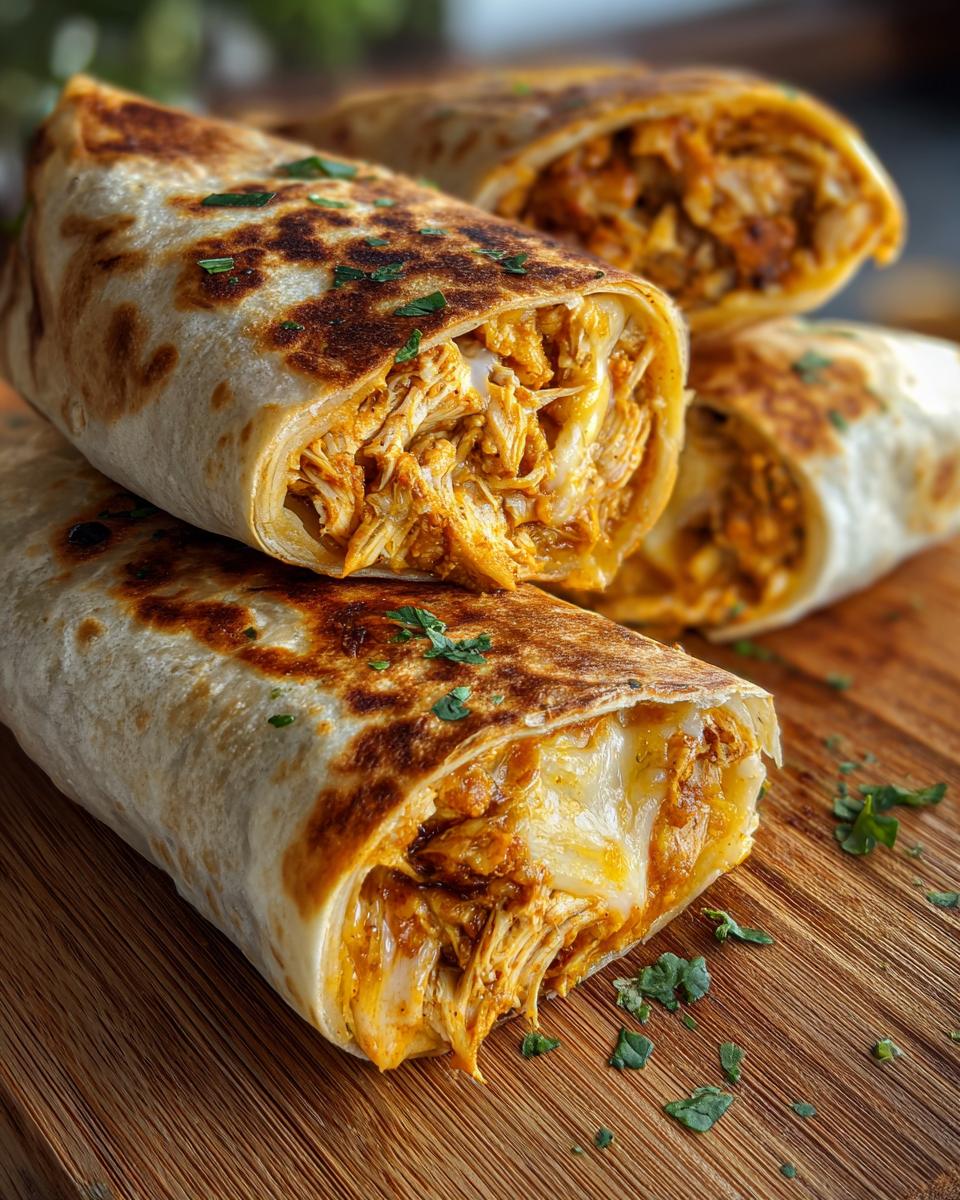Close-up of crispy chicken Chimichangas cut open, showing shredded chicken filling and melted cheese.