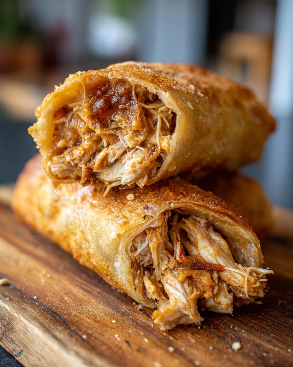 Close-up of crispy chicken chimichangas cut in half showing shredded, saucy chicken filling.