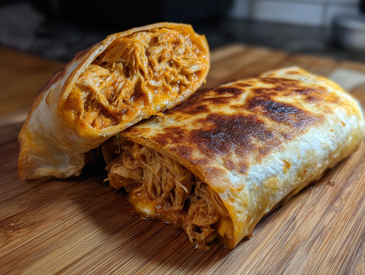 A crispy chicken chimichanga cut in half showing shredded, saucy chicken filling inside.