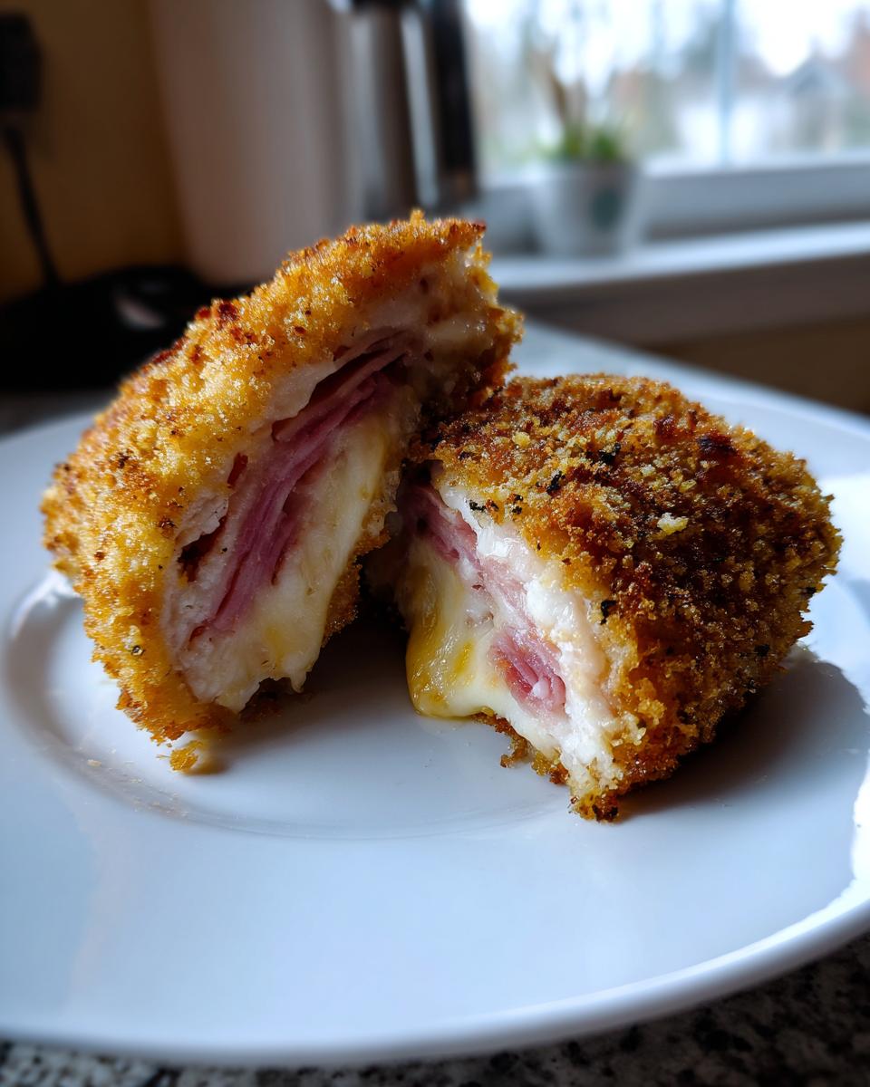 A golden-brown, breaded chicken cordon bleu cut in half showing melted cheese and ham filling.