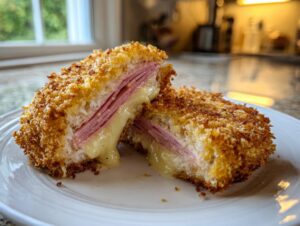 Cross-section of a golden, crispy Chicken Cordon Bleu showing melted cheese and layers of ham inside the chicken.