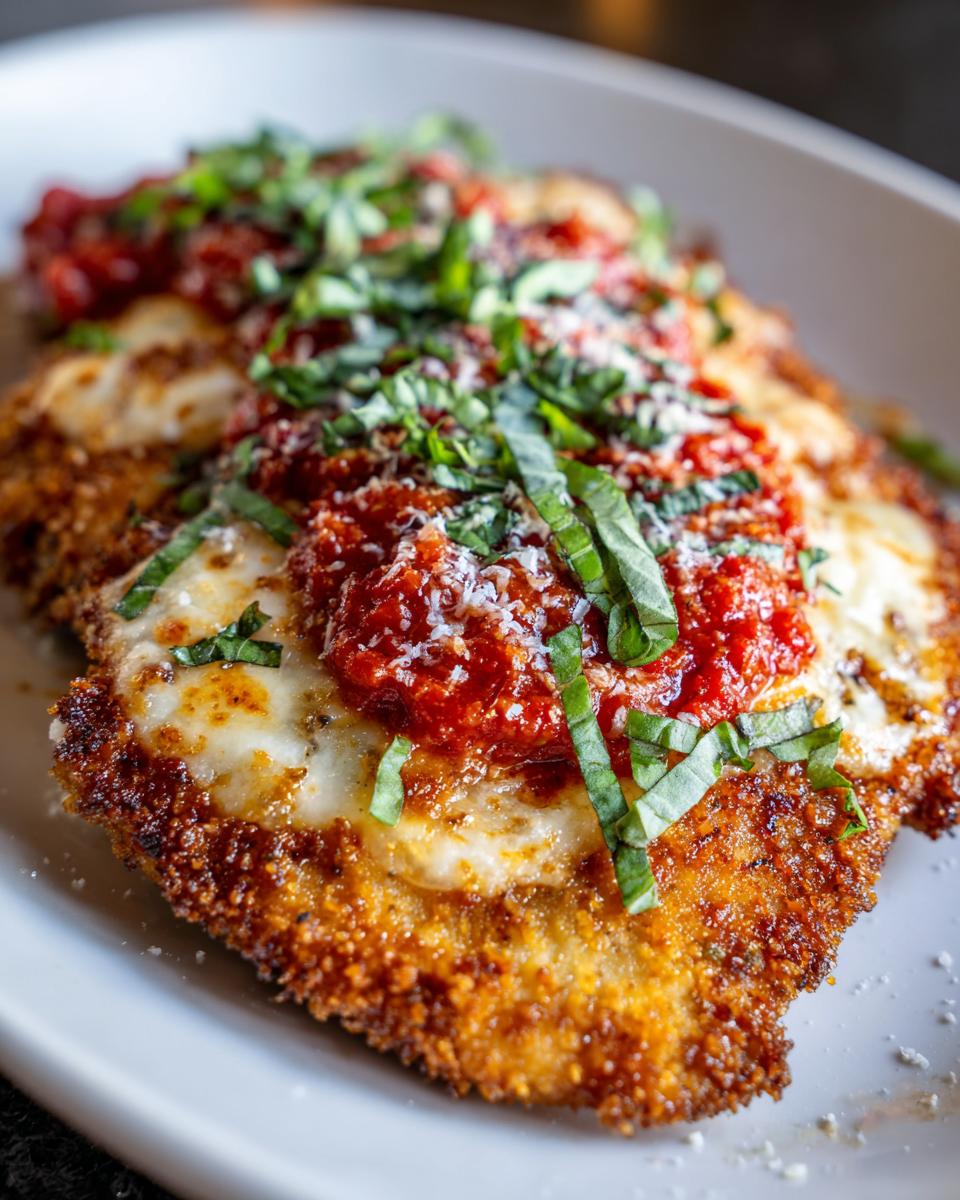 Close-up of a crispy, golden brown chicken parmesan recipe topped with melted mozzarella, marinara sauce, and fresh basil.