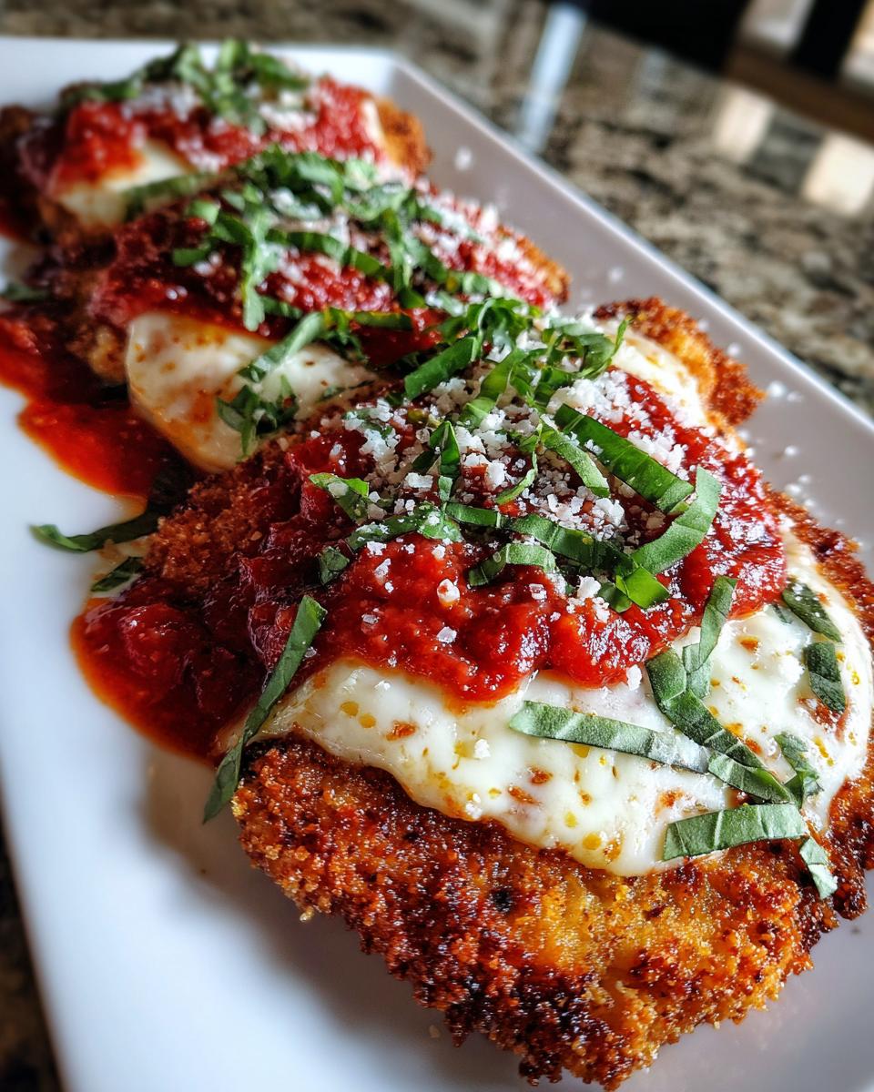 Close-up of three servings of crispy chicken parmesan recipe topped with melted mozzarella, red sauce, and fresh basil.