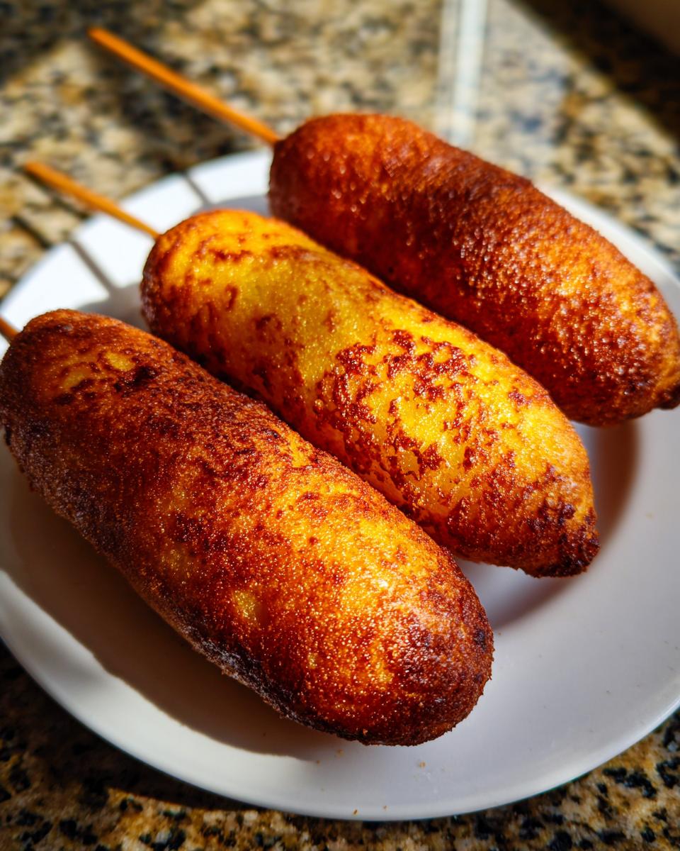 Close-up of three perfectly golden brown, crispy corn dogs on wooden sticks resting on a white plate.
