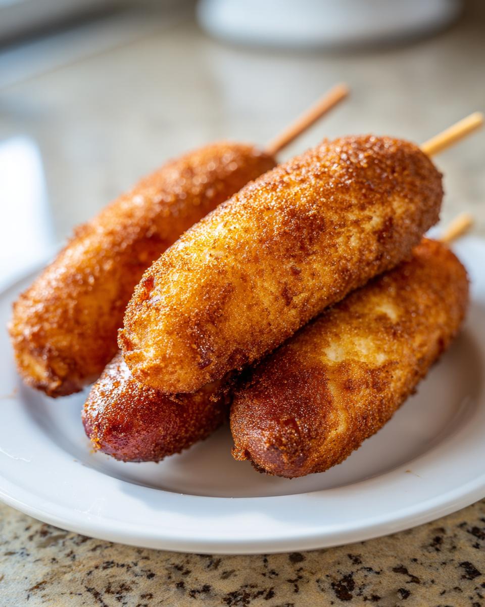 Close-up of four golden-brown, crispy corn dogs stacked on a white plate, ready to eat.