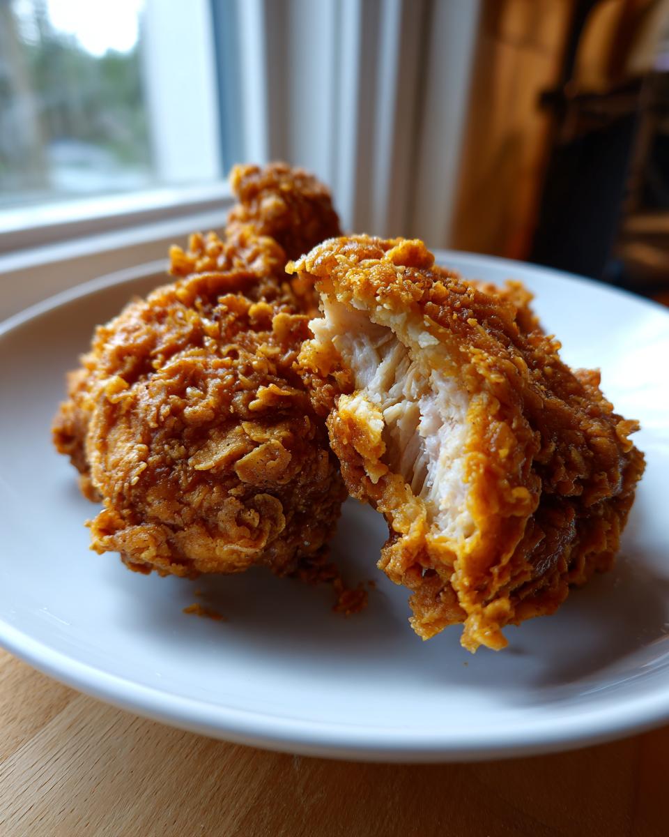 Close-up of crispy fried chicken, showing the juicy white meat inside one broken piece.