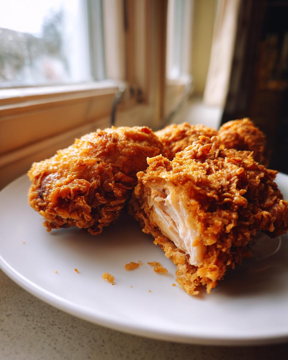 Close-up of crispy, golden brown fried chicken pieces on a white plate, one piece is broken open showing the juicy white meat.