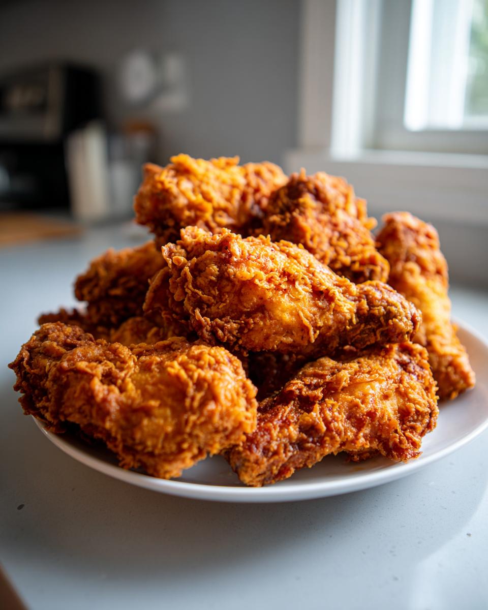 A generous pile of perfectly golden brown fried chicken wings stacked high on a white plate.