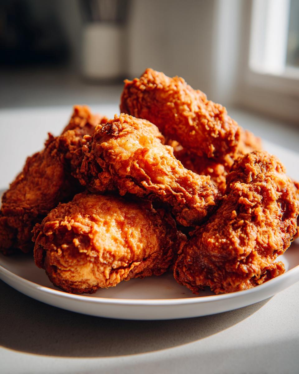 A pile of golden brown, crispy fried chicken wings stacked on a white plate, showcasing the crunchy coating.