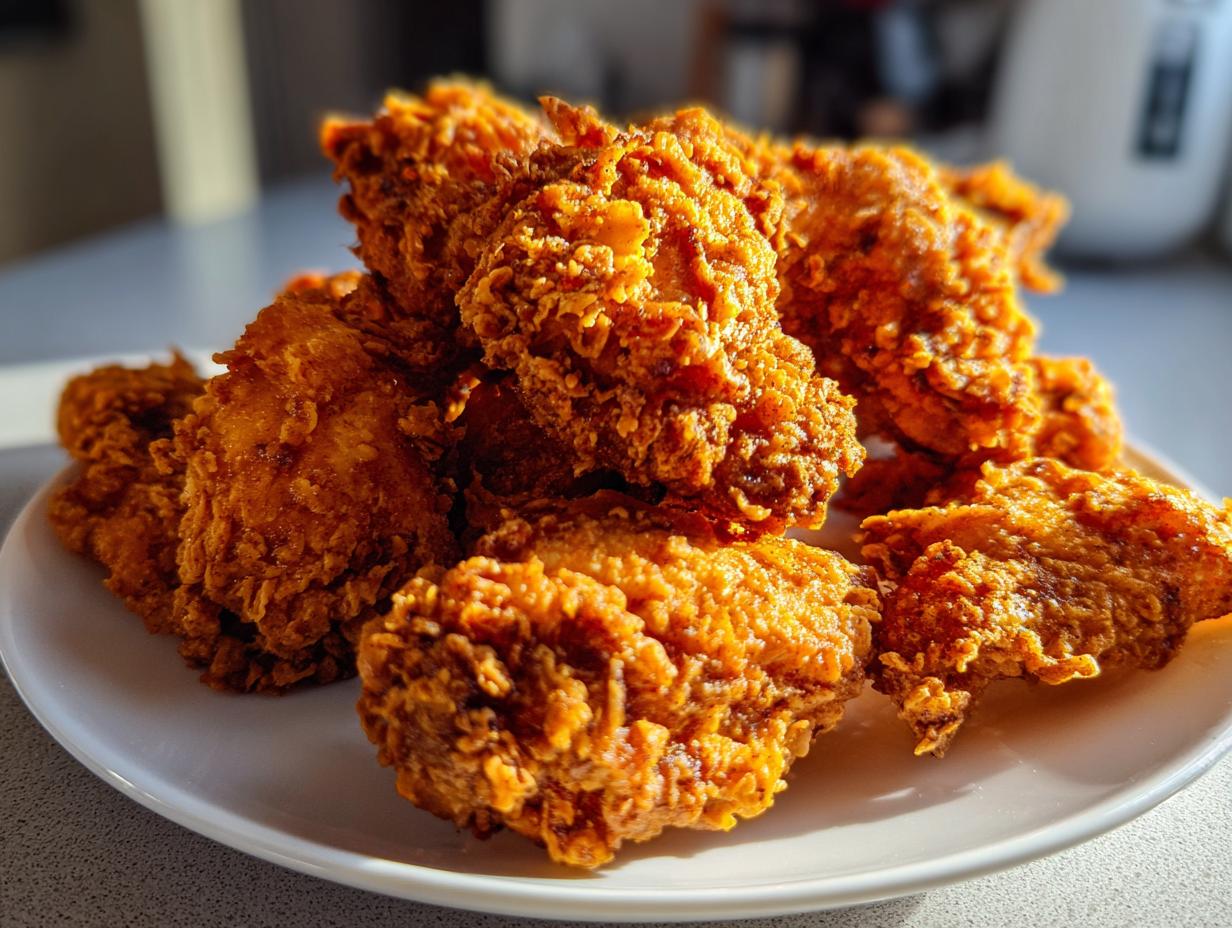 A close-up of several perfectly golden-brown, crispy fried chicken wings piled high on a white plate.