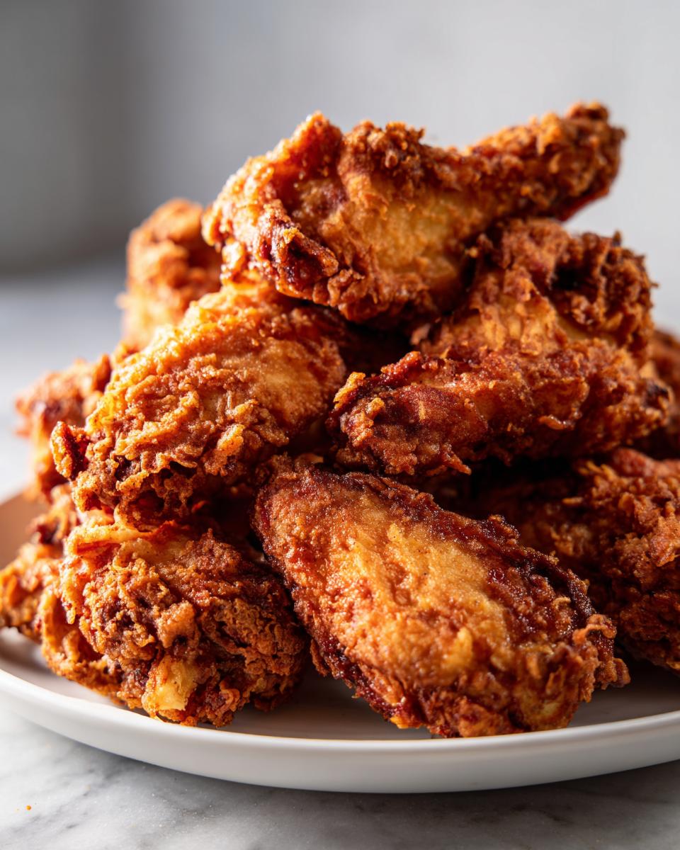 A close-up of a large pile of golden brown, crispy fried chicken wings stacked high on a white plate.