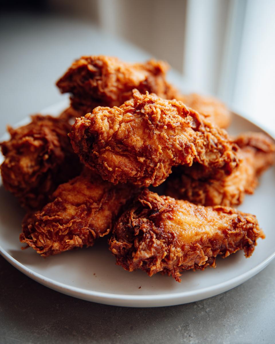 Close-up of several golden-brown, crispy fried chicken wings piled high on a white plate.