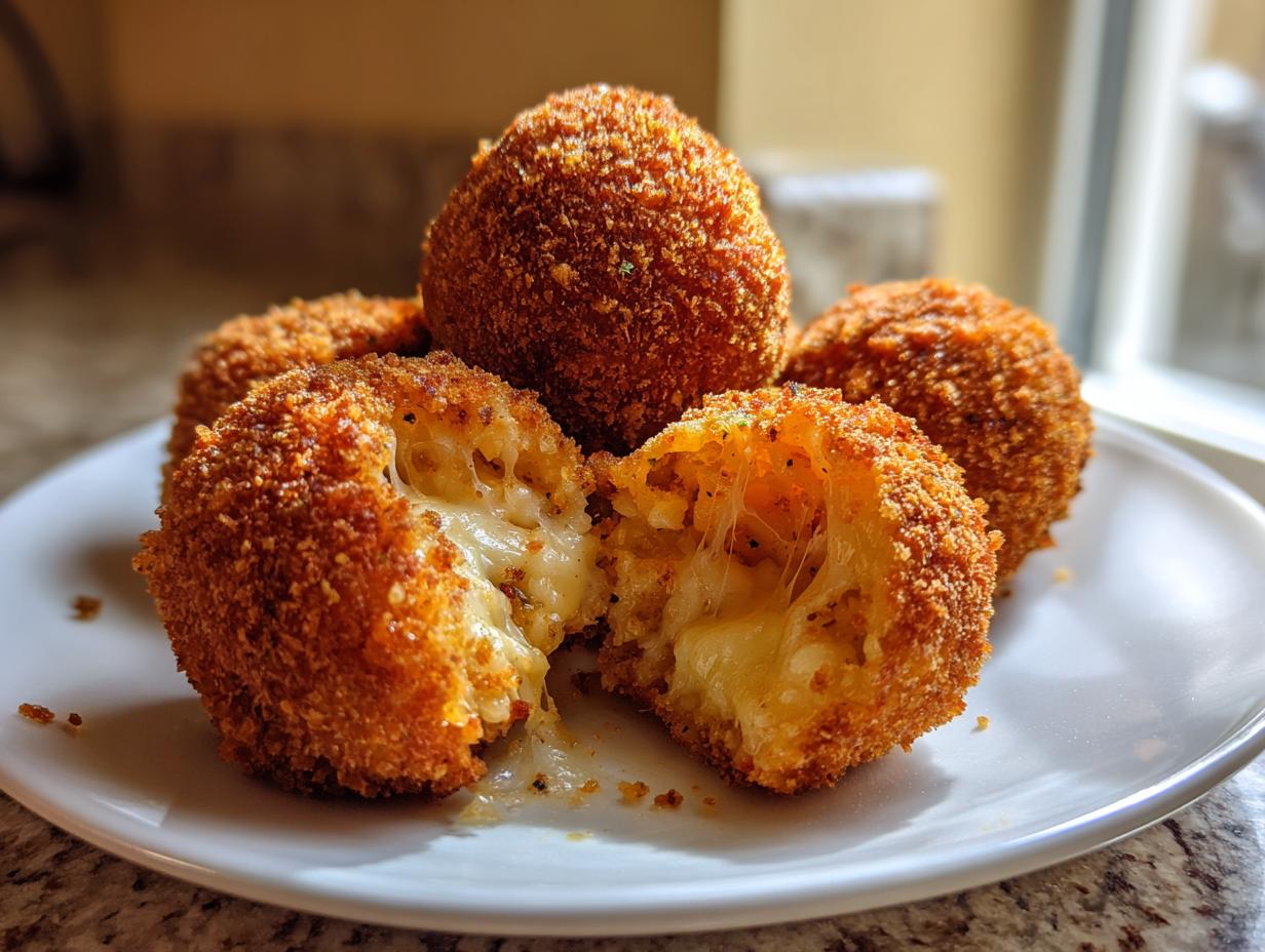 Close-up of golden brown, crispy fried rice balls, one broken open showing melted, gooey cheese inside.