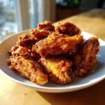 A close-up of several crispy, glazed chicken wings piled high in a white bowl, catching the sunlight.