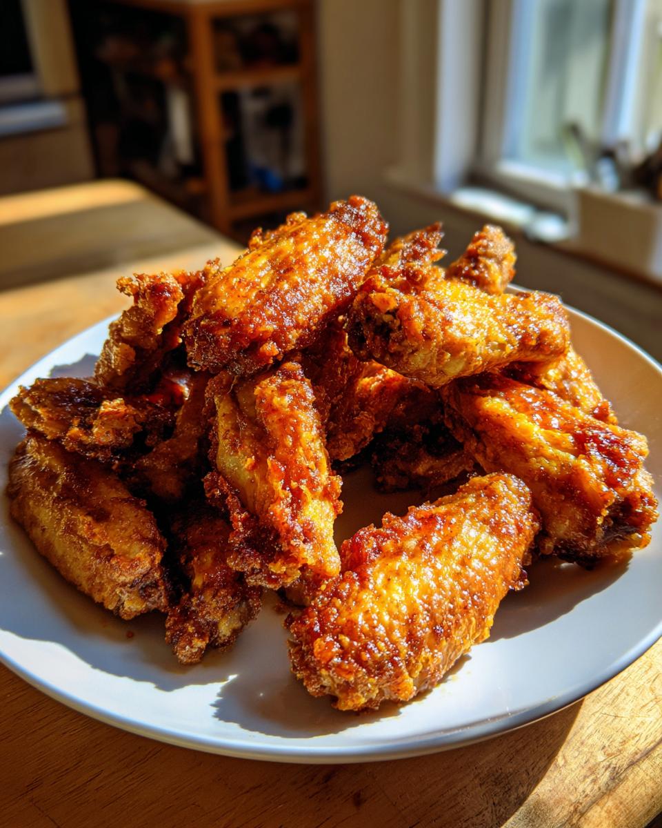 A mound of crispy, glazed chicken wings piled high on a white plate, catching the sunlight.